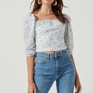 Astr Blue Floral Square Neck Blouse
